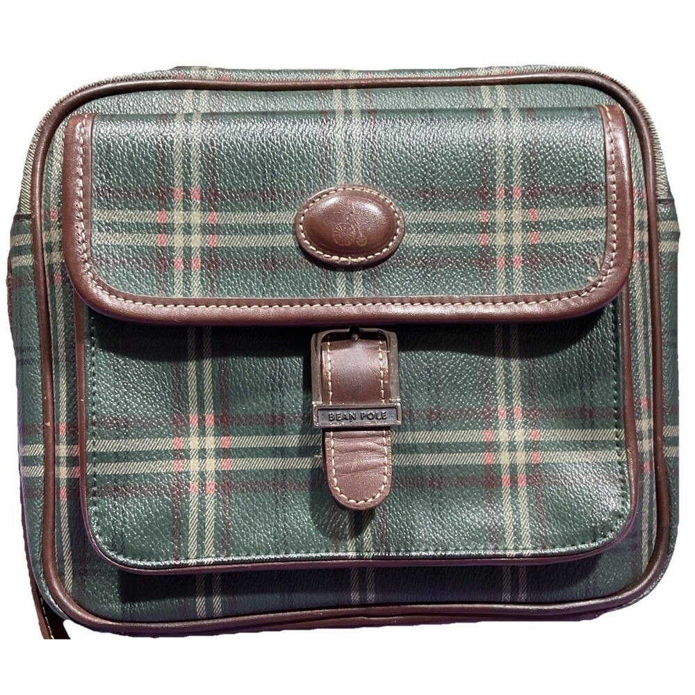 Vintage Bean Pole Small Tartan Plaid Green Leather Purse Crossbody 10” X 8”